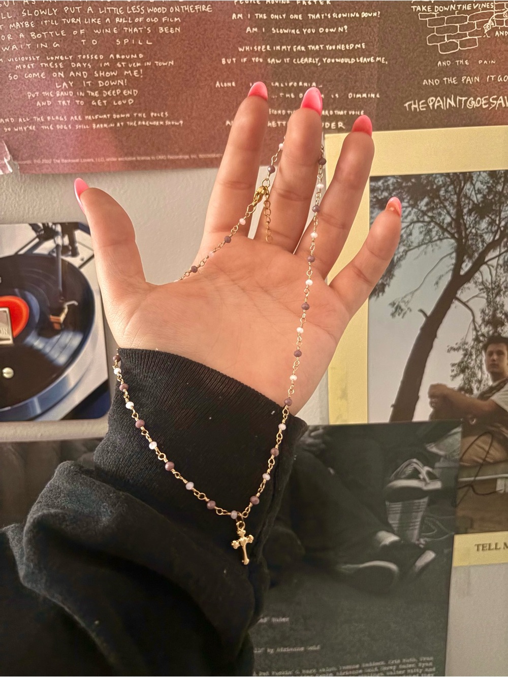 dainty gold and purple beaded cross necklace
